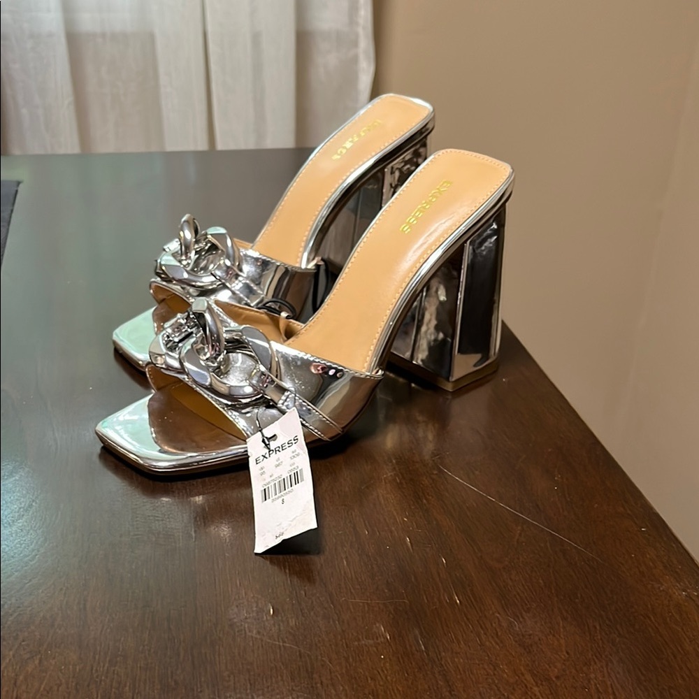 Express Silver Heeled Mules with Rhinestone Embellishments
